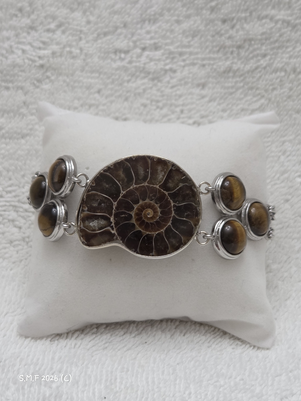 Ammonite Centerpiece & Tiger Eye Silver Bracelet